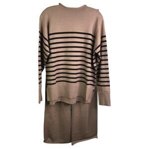 2 Piece Set Womens M Brown Striped Knit Pullover Sweater Wide Leg Pants‎